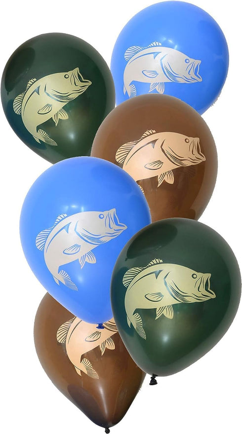 Gone Fishin' Party Balloons (6 pcs.) - 12" Latex Balloons in 3 Vibrant Colors with Largemouth Bass Print