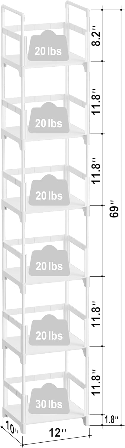 6 FIDUCIAL HOME Tiers Tall Narrow Bookshelf Book Shelf Skinny White Bookcase Thin Slim Book Rack Storage Organizer Easy