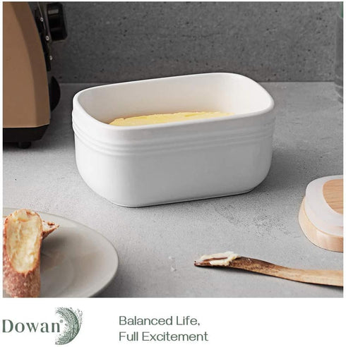 DOWAN Extra Large Ceramic Butter Dish - Airtight Butter Keeper with Wooden Lid for Countertop or Fridge, White