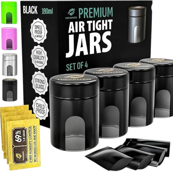 Premium Airtight Glass Storage Jars 180/120ml with 69% Humidity Control 4 Packs