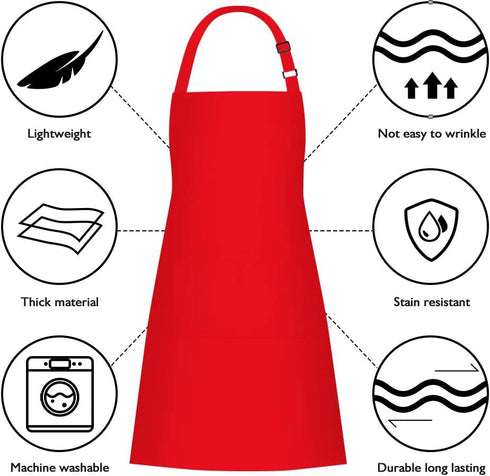 1 Pack Red Bib Aprons with 2 Pockets for Cooking Chef Kitchen, Suitable for Women and Men