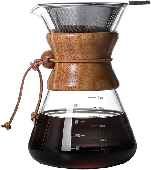 Pour Over Coffee Maker with Reusable Stainless Steel Drip Filter, Borosilicate Glass Carafe for 1-6 Cup