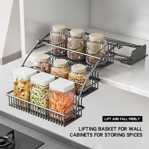 3-Tier Shelf(27.5cm/10.8in) Pull Down Spice Rack Organizer for Inside Cabinet Pantry Expandable Display Riser Shelf