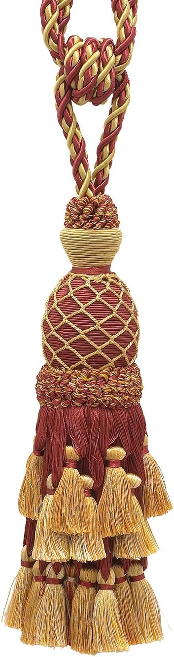 Lavish Large Curtain & Drapery, Hand Crafted Tassel Tiebacks, 11" Length, Burgundy Gold Red