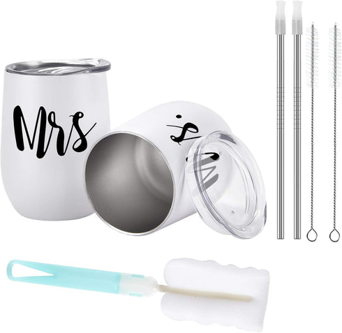 GINGPROUS 2 Pack Mrs and Mrs Wine Tumbler Set, 12 Oz Insulated Stainless Steel Wine Tumblers with Lid, Lesbian Couple