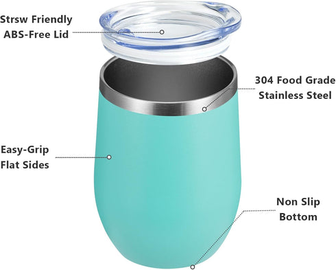 MEWAY Stemless 12 OZ Wine Tumbler Glasses with Lid, Insulated Double Wall Vacuum Stainless Steel