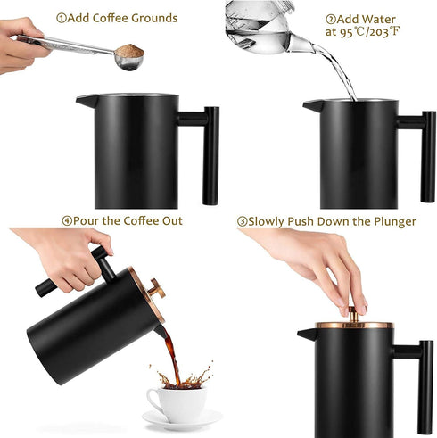 Miuly Black Coffee Press, Stainless Steel French Press Coffee Maker, 350ml/12oz with 2 Filter Mesh, Black