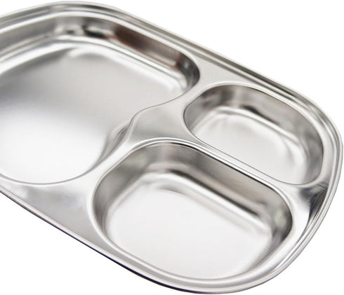 Korean Stainless Steel Divided Plates, Kids Tray, BPA Free 3 Compartment Plate, Set of 2 Silver