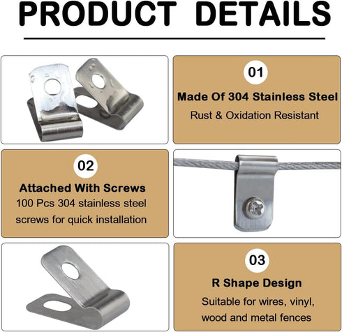 Wire Fence Clips 100 Pcs, Stainless Steel Fencing Mounting Clips with 100 Pcs Screws for 12-16 Gauge Welded Wire