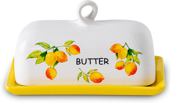 Lemon Butter Dish with Lid, Yellow Ceramic Large Butter Holder with Cover, Painted Butter Tray