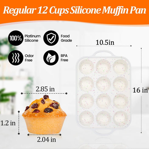CAKETIME 2 Pack Silicone Muffin Pan, 12 Cups Nonstick with Metal Reinforced Frame and Handle for Baking