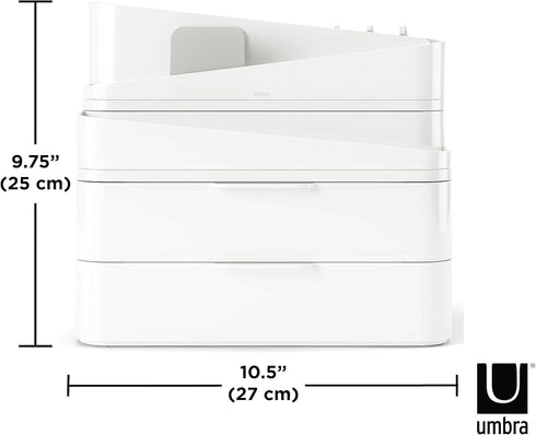 Umbra Glam Organizer, Large Makeup Organizer with Three Drawers, Rubber Feet and Removable Dividers, White/Grey