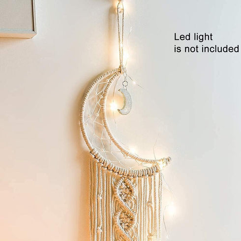 Boho Macrame Woven Wall Hanging, Crochet Crescent Moon Star Dream Catcher, Long Tassel White Cotton Handmade Decor