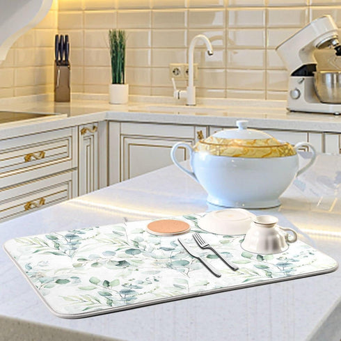 Green Leaves Dish Drying Mat for Kitchen Counter, Super Absorbent Reversible Microfiber Protector Pad, Medium 16x18 inch