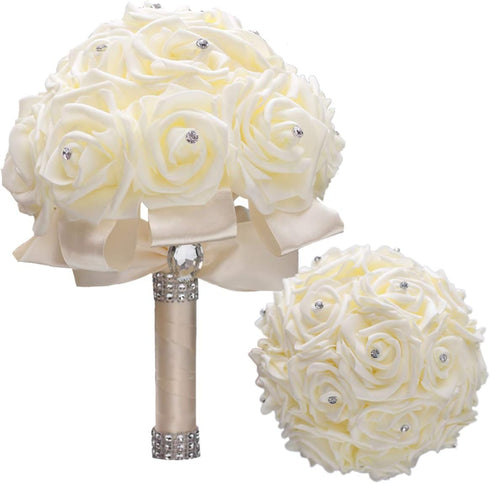 WIFELAI-A Ivory Cream Bouquet with Diamond Soft Ribbons - Artificial PE Rose Bridal Flowers for Wedding, Party, Church