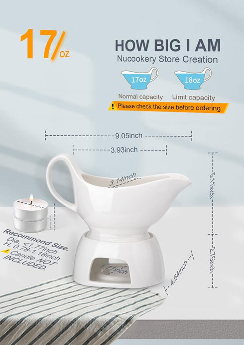 Nucookery Large Classic Gravy Boat with Warmer, 17 Oz, White Fine Porcelain, Microwave & Freezer Safe