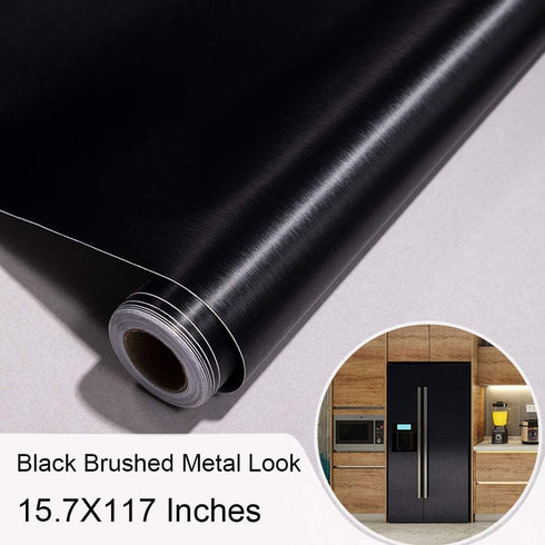 Self Adhesive Vinyl Black Brushed Metal Contact Paper for Refrigerator Dishwasher Stove Oven Doors 15.7x117 Inches