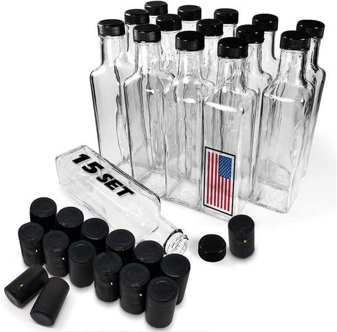 Quadra Bottles 8.5 Oz - 15 Sets of Premium Glass Square Bottles with Leak Proof Airtight Caps, Black