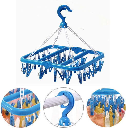 SteelFever Clothes Drying Hanger, Foldable Drying Rack with 32 Clips for Clothes, Underwear, Socks (Blue)