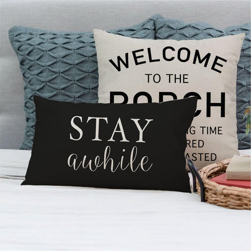12x20 Inch Set 2 Cozy PANDICORN Welcome to Our Porch Stay Awhile Farmhouse Black and White Outdoor Lumbar Decorative