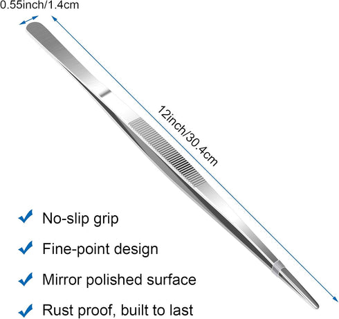 AHIER 12inch Stainless Steel Kitchen Tweezer, Long with Precision Serrated Tips for Cooking