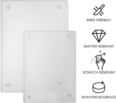 Tempered Glass Cutting Boards Set of 2, Clear Non-Slip Feet, Heat & Scratch Resistant, 12"x16" & 8"x12"