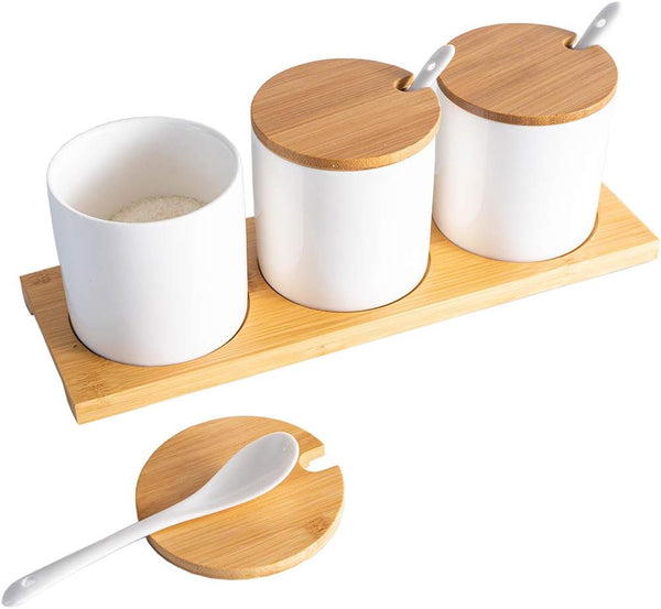 Ceramic Condiment Jar Seasoning Container with Lids, White Salt Sugar Pepper Spice Bowls with Spoon, Set of 3, 8 Oz