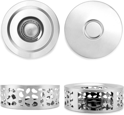 QWORK 2 Pack Tea Kettle Warmer, Brushed Stainless Steel with Hollow Frame and Tea Candle Holder, Silver