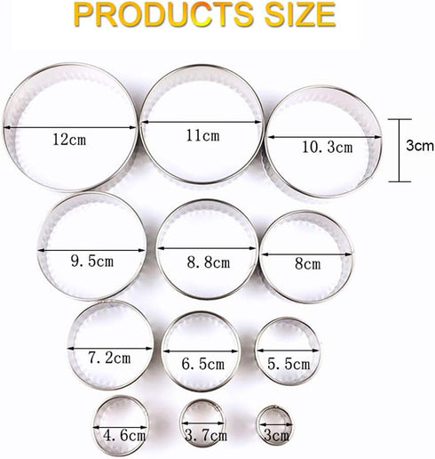 Stainless Steel Round Cookie Biscuit Cutter Set, 12 Pieces, Fluted Edge Graduated Ring Sizes