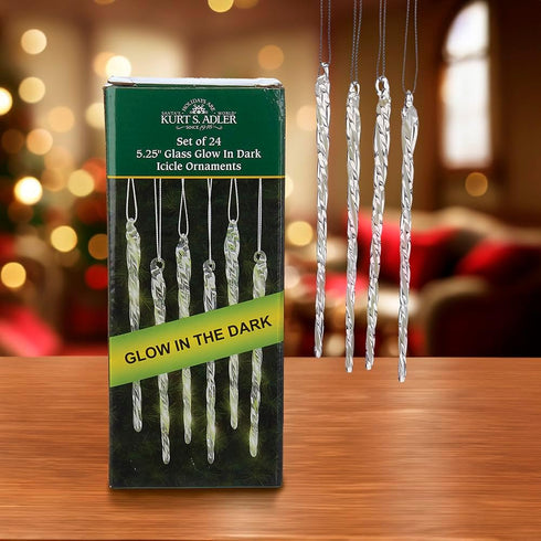 Kurt Adler 5-1/4-Inch Glass Icicle Ornament Set of 24, Glow-in-the-Dark for Christmas