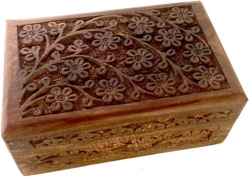 New Age Imports Floral Carved Handmade Wooden Box, 4 x 6 Inches for Jewelry & Small Treasures
