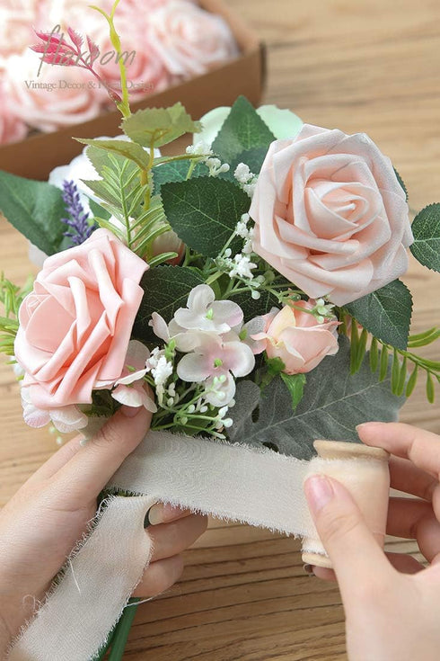 Floroom 25pcs Artificial Flowers Shimmer Blush and Peach Foam Fake Roses with Stems for DIY Wedding Bouquets