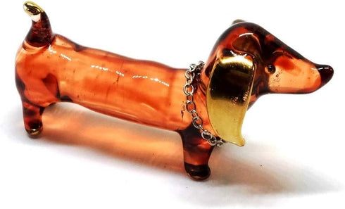Handmade 2" Blown Glass Dachshund Dog Figurines with Gold Trim, Collectible Miniature Art, Dollhouse Gift Ideas