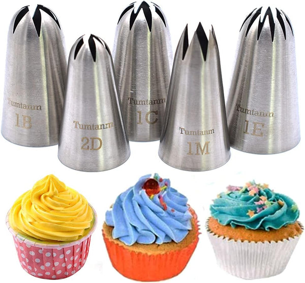 5 Pack Extra Large Piping Nozzles, Seamless Stainless Steel Icing Tips 1B 1C 1E 1M 2D# for Cupcakes