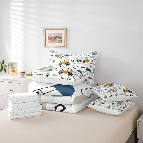 Set 7 Set Set Feelyou Cartoon Car Kids Comforter with Sheets Piece Twin Size Construction Bedding Boys Decor Equipment
