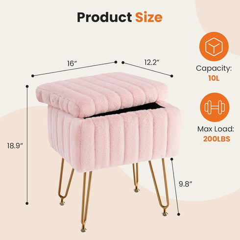 18.9H 16L 12.2W 4 Sweetcrispy Vanity Stool Chair with Storage, x x Ottoman Chair Faux Fur Soft Padded Makeup Footstools