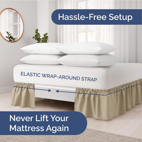Wrap Around Dust Ruffle Bed Skirt - Beige - King Size with 15 Inch Drop, Adjustable Pleated Bedskirt, Wrinkle Free