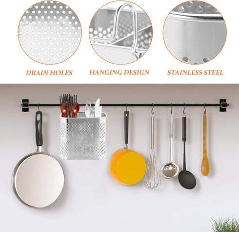 UPKOCH Stainless Steel Utensil Silverware Holder, Organizer Drying Rack Basket with Hooks, Chopstick Holder for