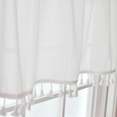 Boho Tassel White Valances for Windows Semi Sheer Kitchen Valance Bedroom Bathroom Small Window Cafe Curtains, 54x15 inches