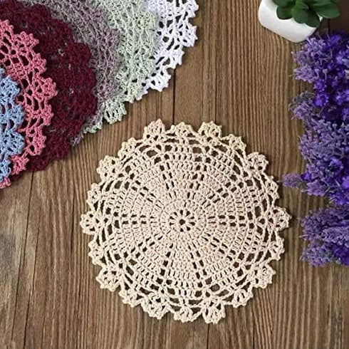 Phantomon 7 Inch Doilies - Handmade Round Crochet Cotton Lace Placemats, Pack of 4 (Beige)