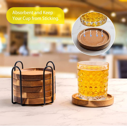 Set 6 WLWNWFT Coasters for Drinks Absorbent with Holder, Acacia Wood Cork Coaster for Coffee Table Wooden Table Coaster
