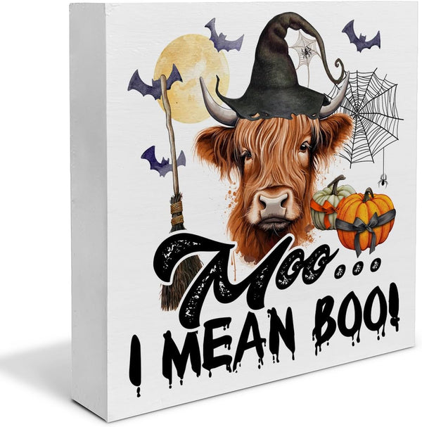 VIYZZX Halloween Highland Cow Wood Box Sign Decor Witchy Cow Moo I Mean