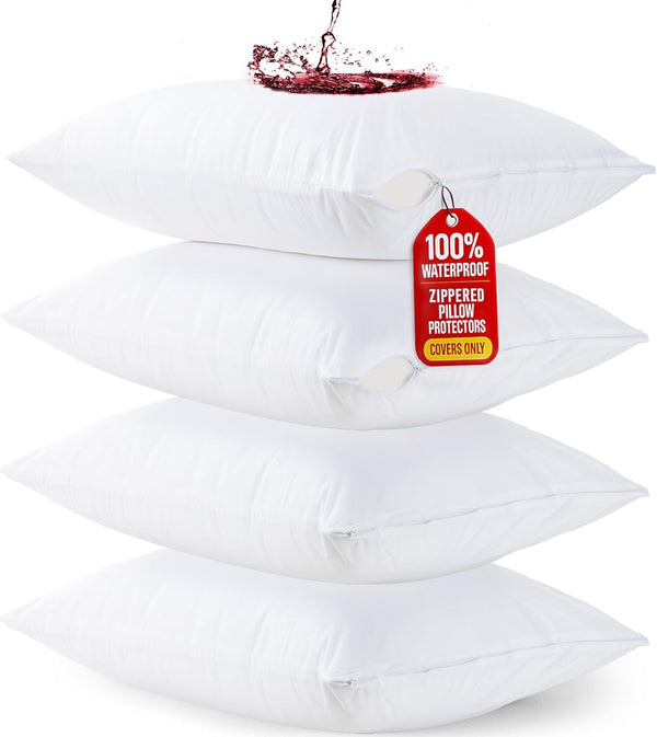 Utopia Bedding Waterproof Queen Size Pillow Protectors, Zippered (4 Pack, White), Dust Mite Proof Covers