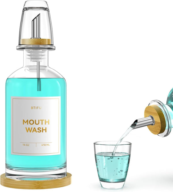 BTIFU Glass Mouthwash Dispenser for Bathroom Countertop 14oz/410ml Refillable Mouthwash Bottle with Stainless