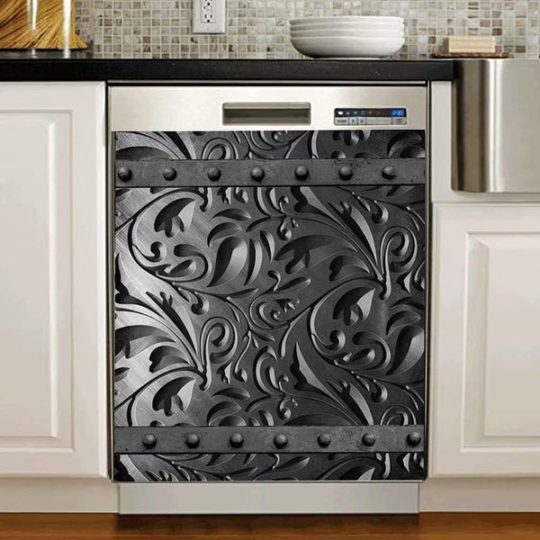 Black Floral Dishwasher Magnet – Engraved Dark Pattern Sticker for Fridge – Magnetic Panel Decals for Home Appliances