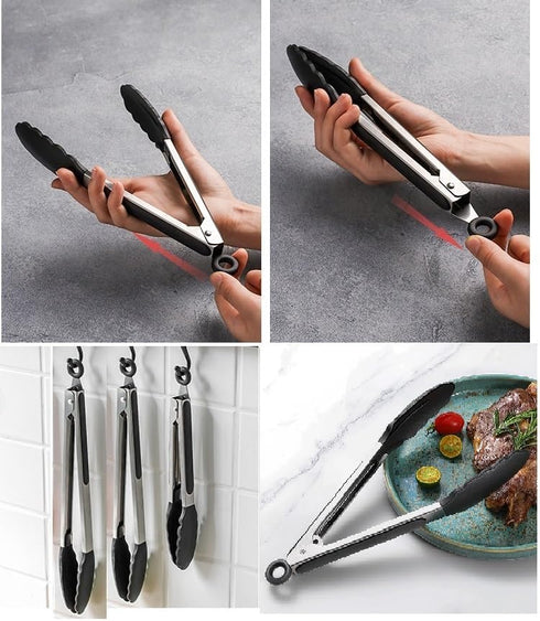 Kitchen Tongs for Cooking, Locking Silicone Tongs, Stainless Steel Serving Tongs, 7, 9, and 12 In Locking Food Tong