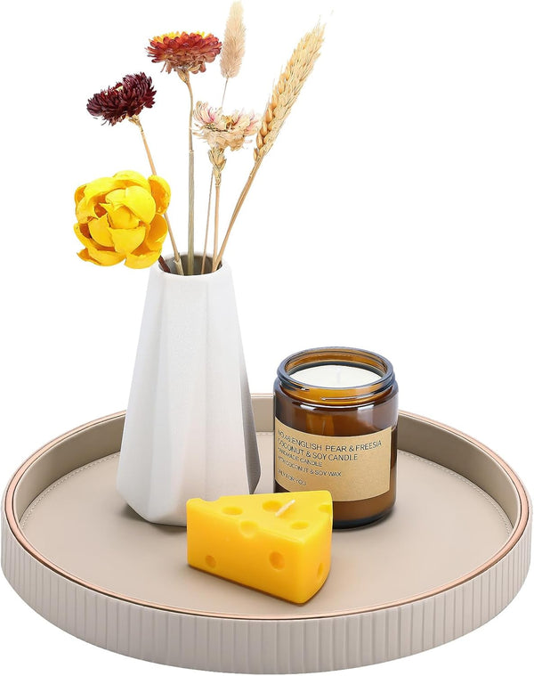 KINGFOM Round Decorative Tray, PU Leather Vanity Tray Organizer with Gold Trim