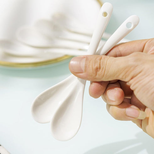 Set of 6 Premium White Porcelain Spoons for Coffee, Espresso, Tea, Sauces, and Desserts