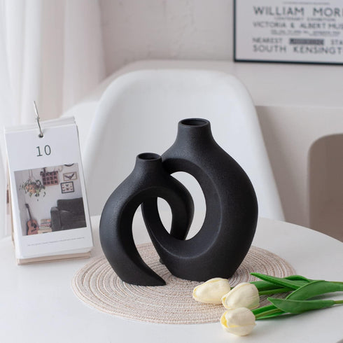 Set 2, Liotww Black Vases Home Decor of Ceramic Black Small Flower Vase, Minimalist Boho Decorative Modern Donut Vase