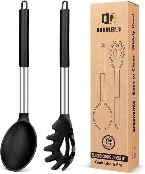 Silicone Pasta Fork and Cooking Spoon Set, Non-Stick Kitchen Utensils for Spaghetti and Soup